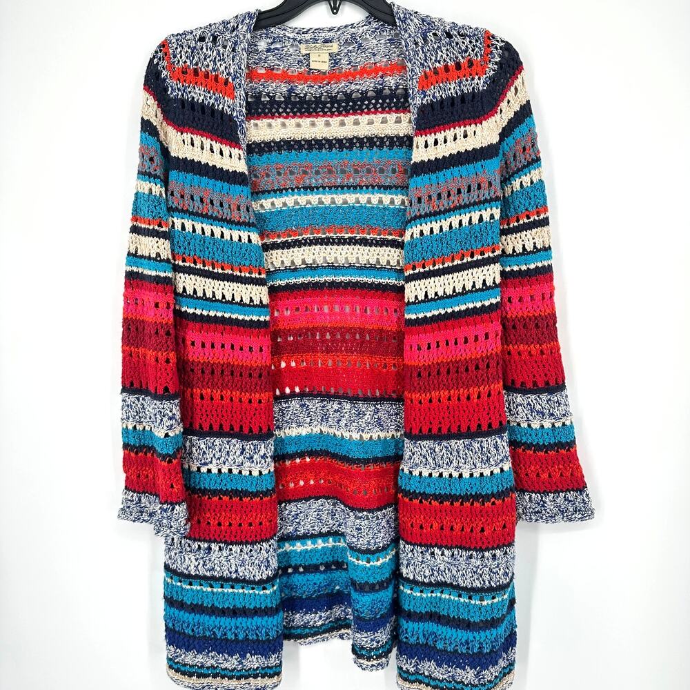 Lucky Brand Crochet Long Cardigan Multicolor Open Front Women’s S Y2K Boho Indie